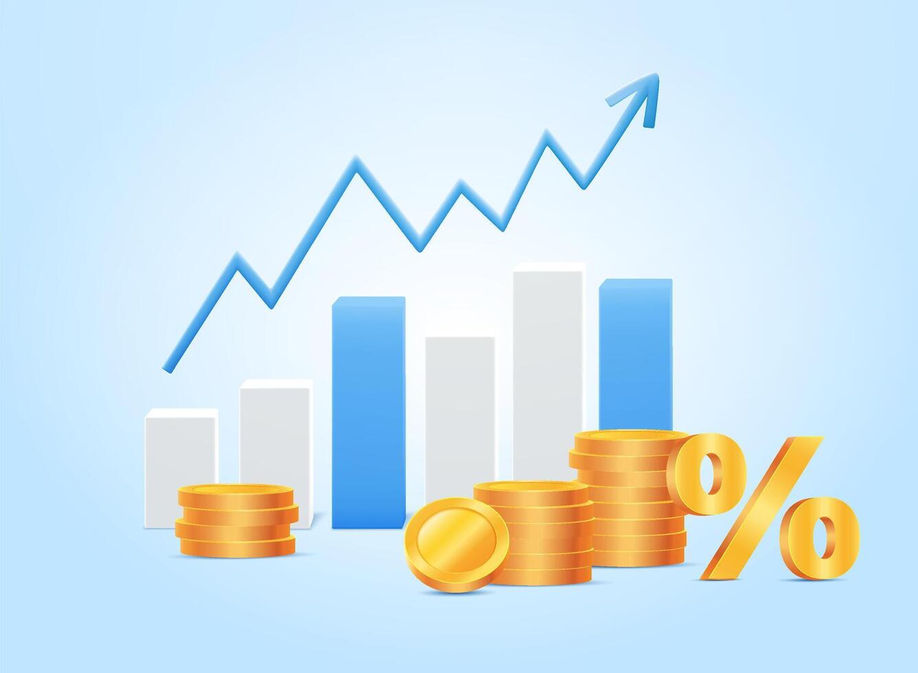 Financial investment. Creative concept of market movement. Bank deposit, profit finance. 3d growth stock chart with coins investing icon. Concept banner data analytics. Business graph. vector