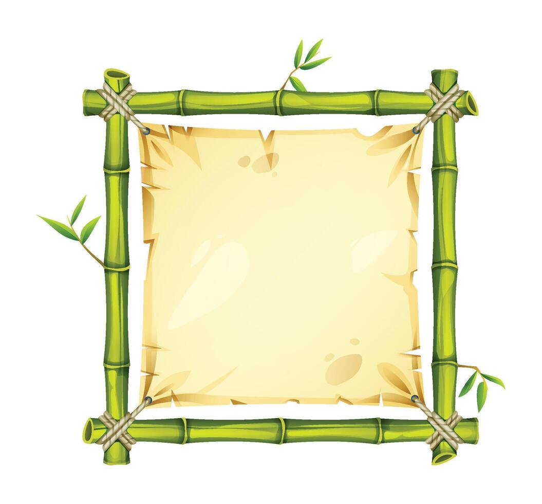 Square green bamboo frame with leaves and aged parchment. Cartoon illustration vector