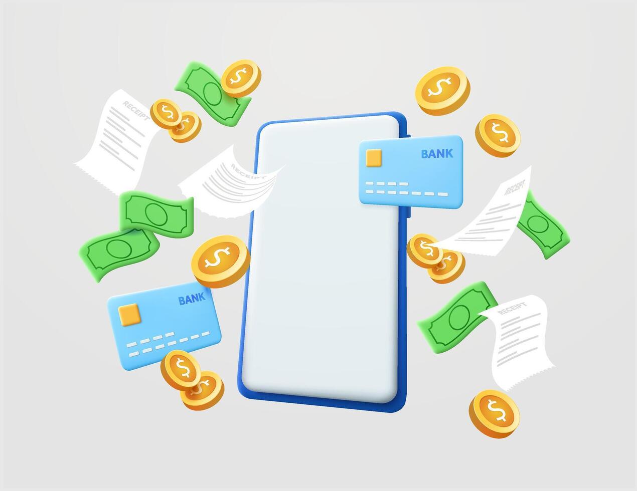 Banking online payments icon concept, payments bill receipt and money transfer. 3d mobile phone with flying gold coins and money, credit card. 3d illustration vector