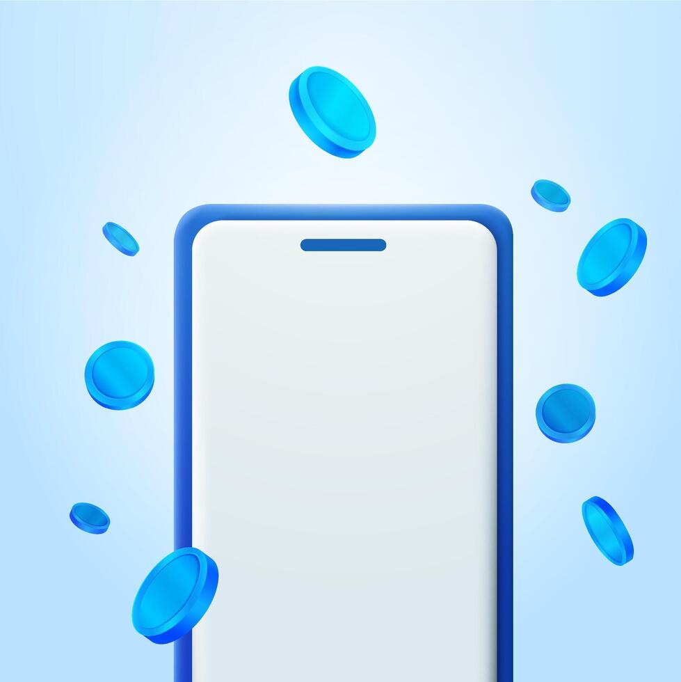 3d blue coins explosion effect out from smartphone device screen banner design. Mobile phone with lot of money floating Casino, cash back, win, profit. Blue coins falling on background vector