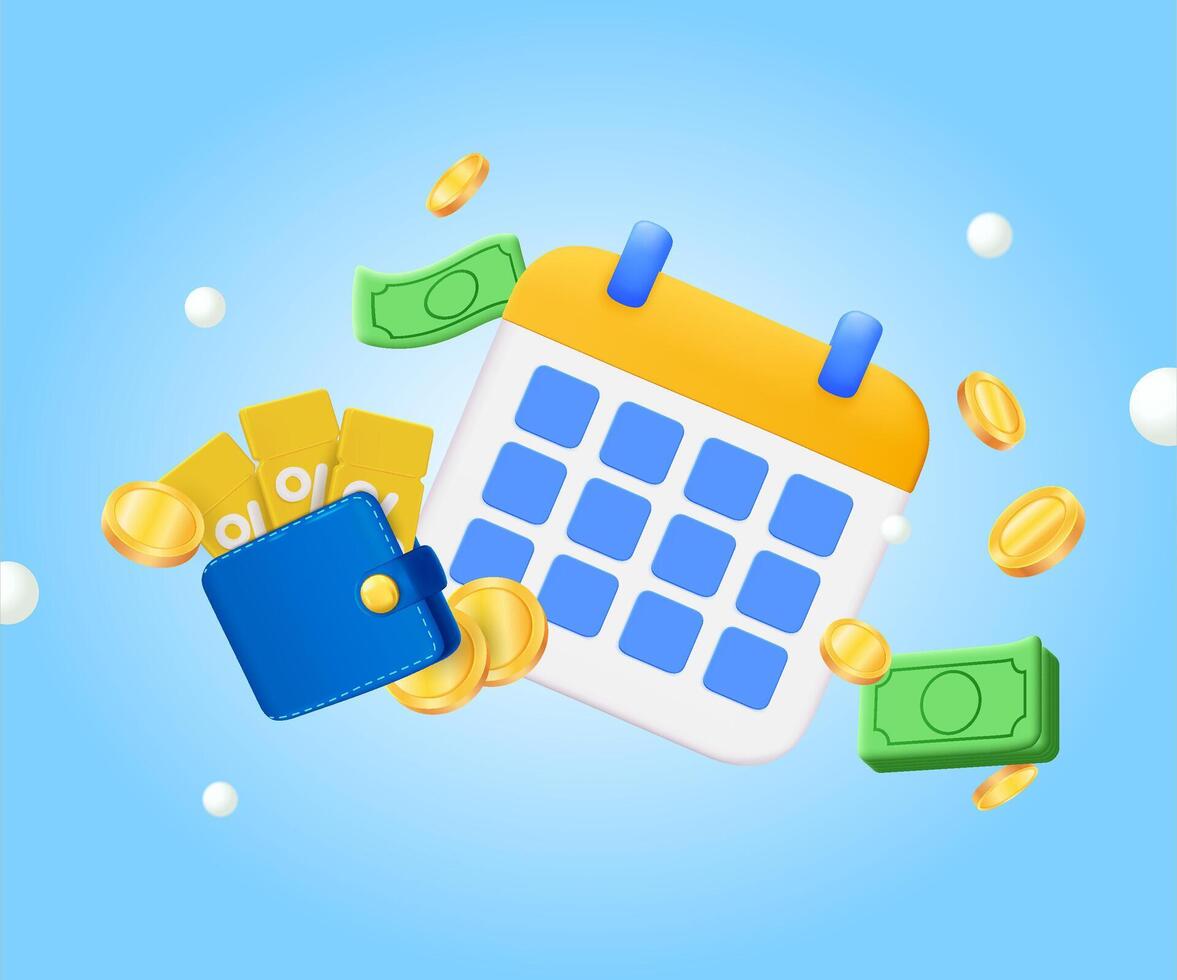 3D Calendar with wallet, coupons, vouchers, paper money, golden coins and falling coins. Check in every day and get bonus and cash prize. Salary schedule. Plan payment concept. 3d illustration vector