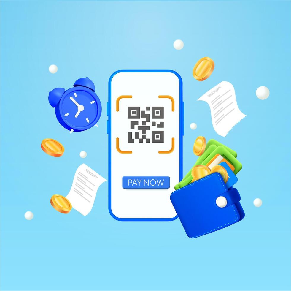3d phone with qr code screen, pay now button, alarm, coins and receipts flying around, digital wallet with dollars, banking credit card. Minimal design concept for banking. 3d illustration. vector