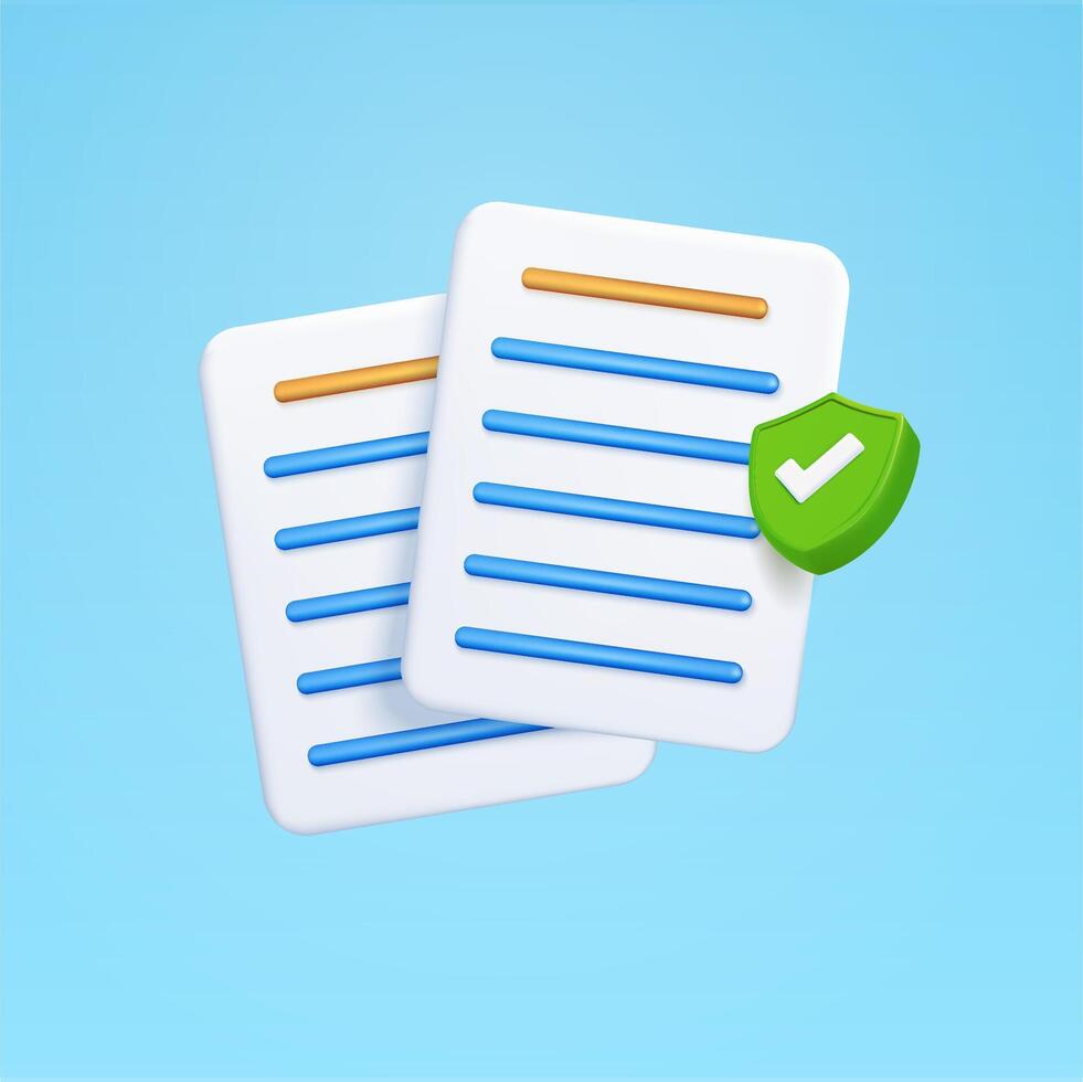 3d documents, contracts with checkmark, isolated on background. Design concept for electric contract, report, cloud documents, safety. 3d illustration. vector