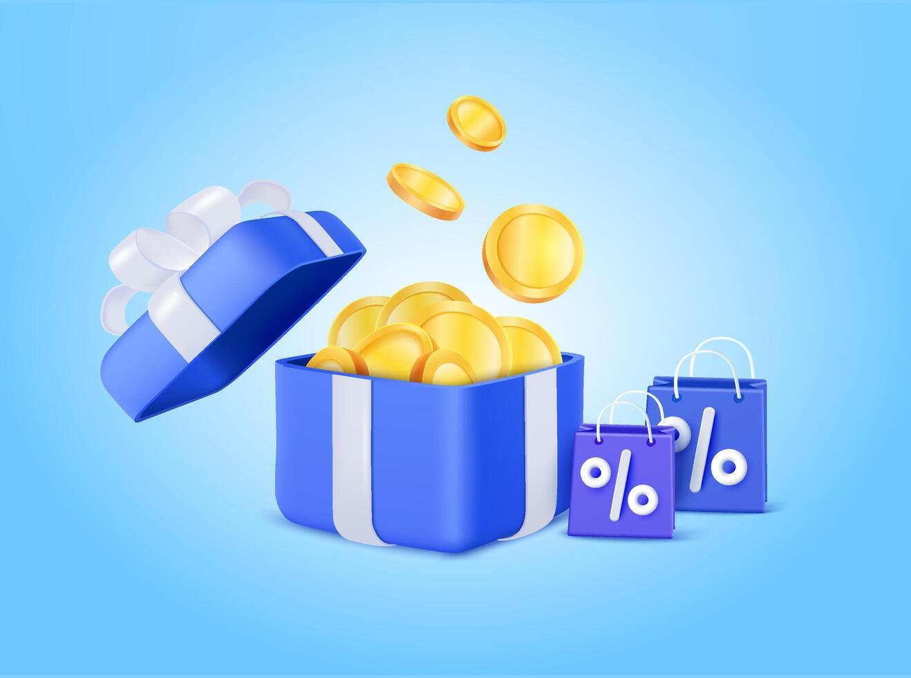 3d open gift box surprise with gold coins, flying coins, coins falling, cart, shopping online, shopping bag. loyalty program and get rewards, Money prize reward. 3d illustration vector