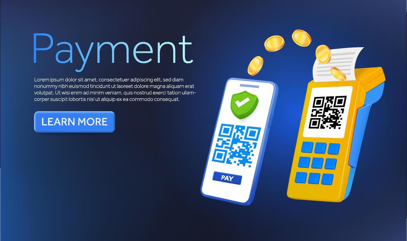 3d pos terminal device, qr code, printing receipts, flow of coins, smartphone, pay button, isolated on background. Banner design concept with text, call to action for payment. 3d illustration vector