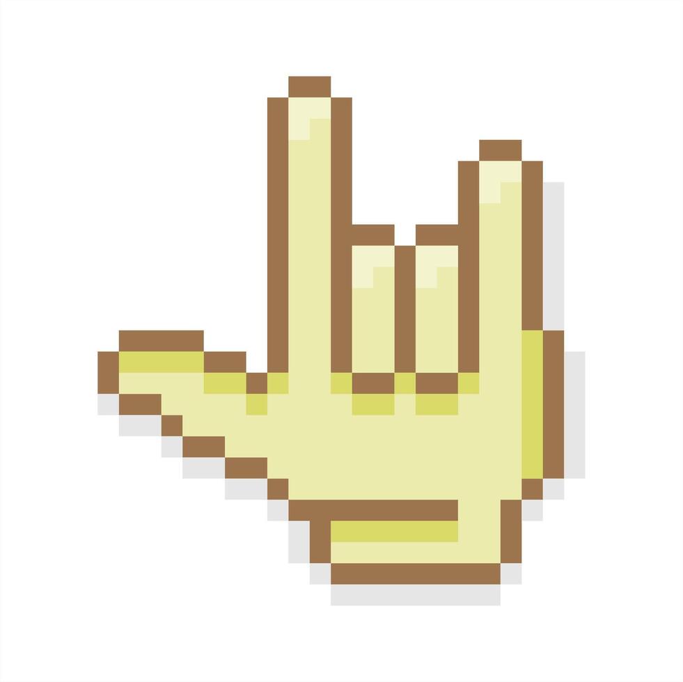 Pixel art of fingers gesturing number 3. Pixelated hand gesturing metal rock sign. vector