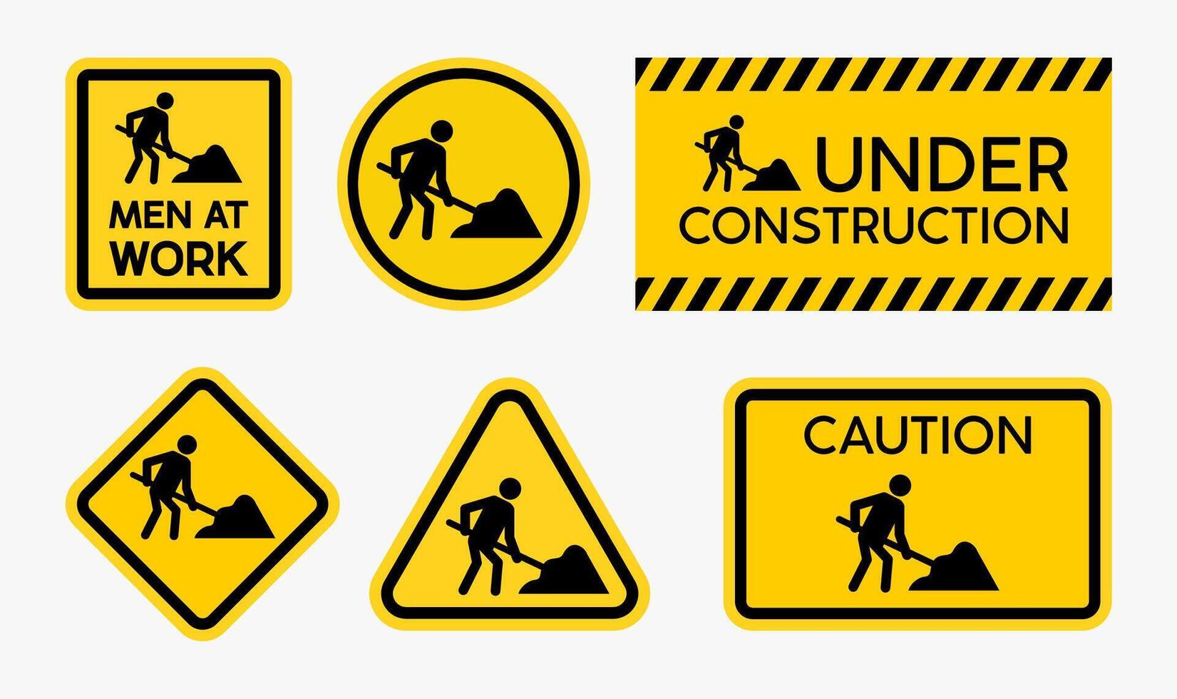 Collection set of under construction sign, men at work sign, road works sign, caution sign, in black and yellow design. vector