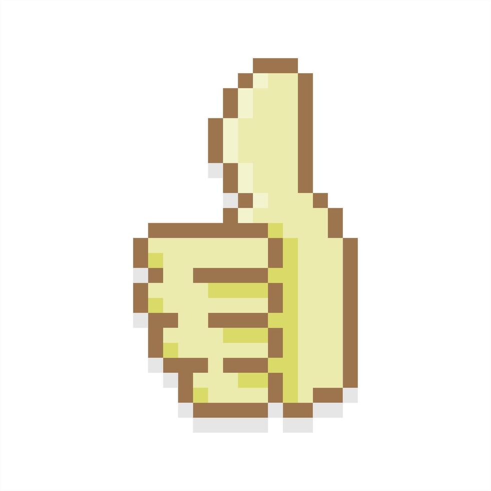 Pixel art of fingers gesturing thumb up sign. Pixelated hand gesturing okay and good sign vector