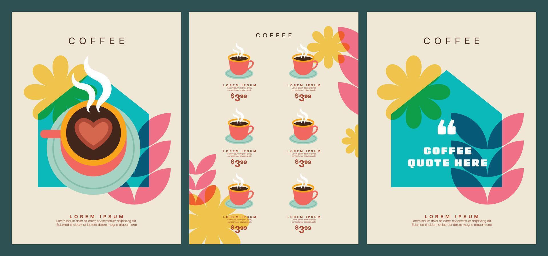 A set of minimal, colorful, and fun casual templates featuring coffee beans and coffee mugs, ideal for invitations, cards, banners, brochures, posters, covers, cafe menus, or other design projects vector