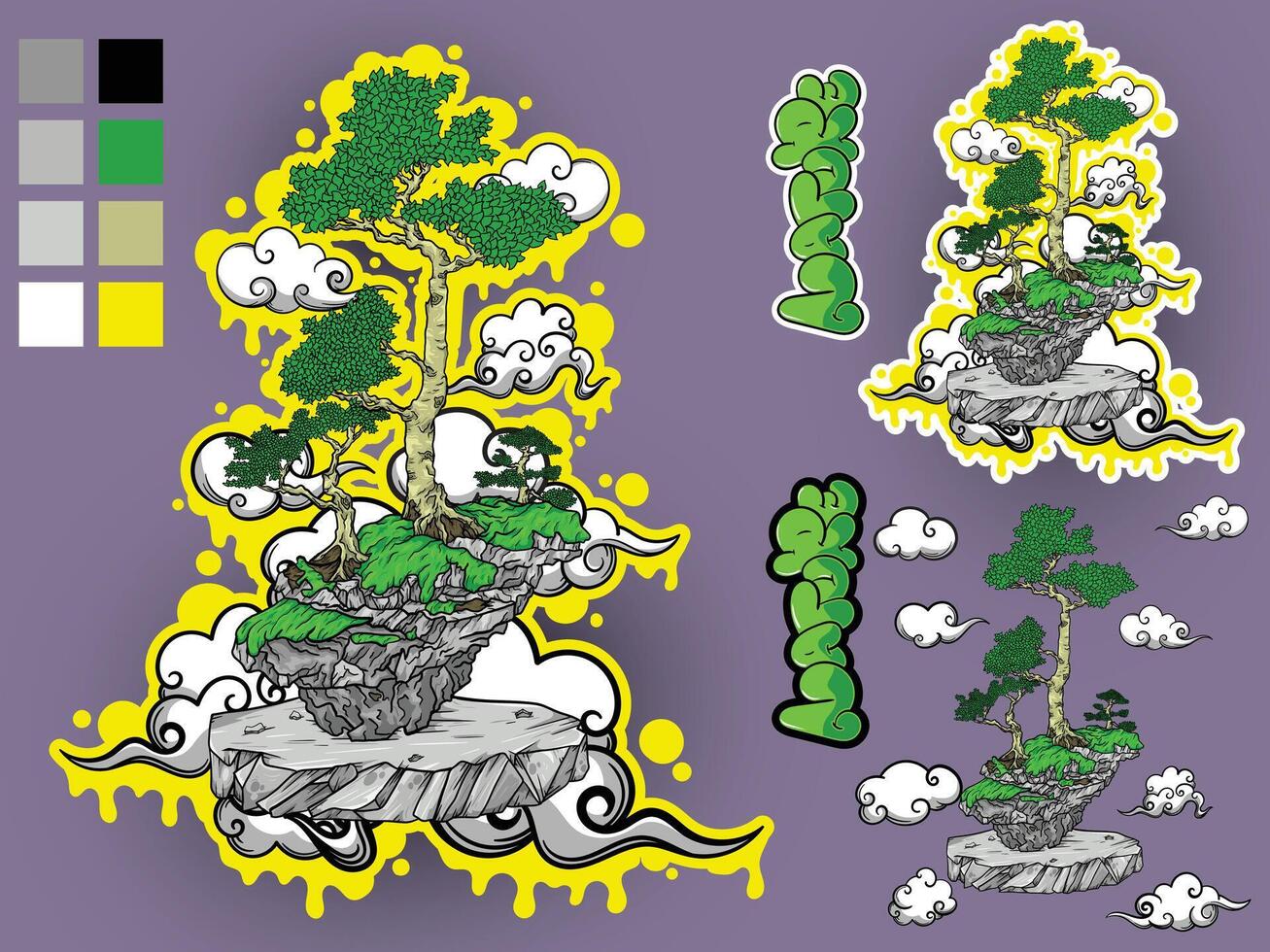 a sticker with a tree and clouds vector