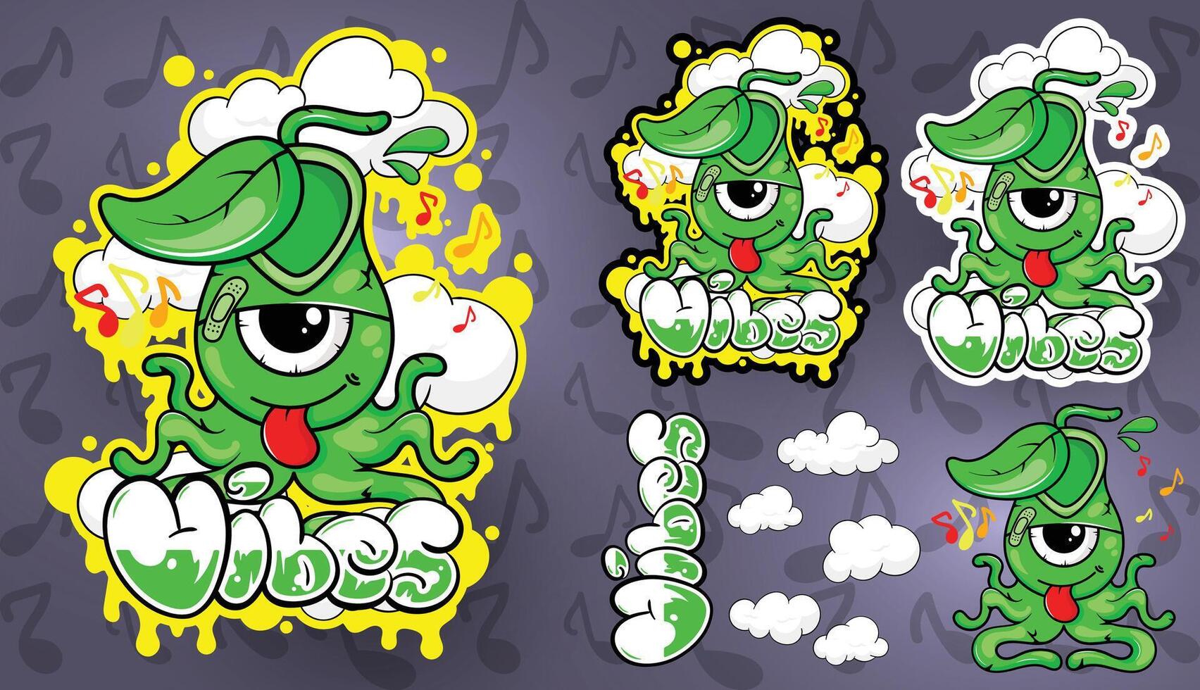 a set of stickers with green worms and music notes vector