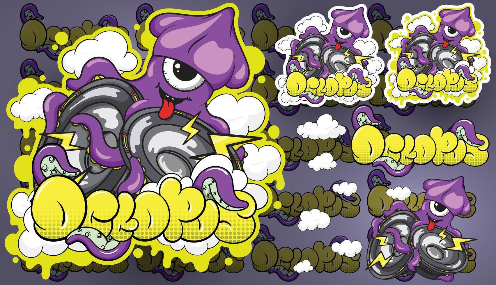 a set of stickers with purple octopus and other characters vector
