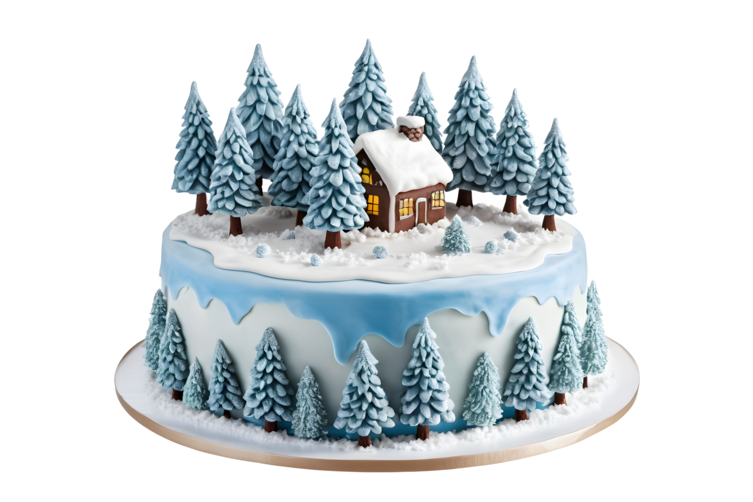 Festive Winter Wonderland Cake Decorated with Snowy Trees and a Cozy Cabin png