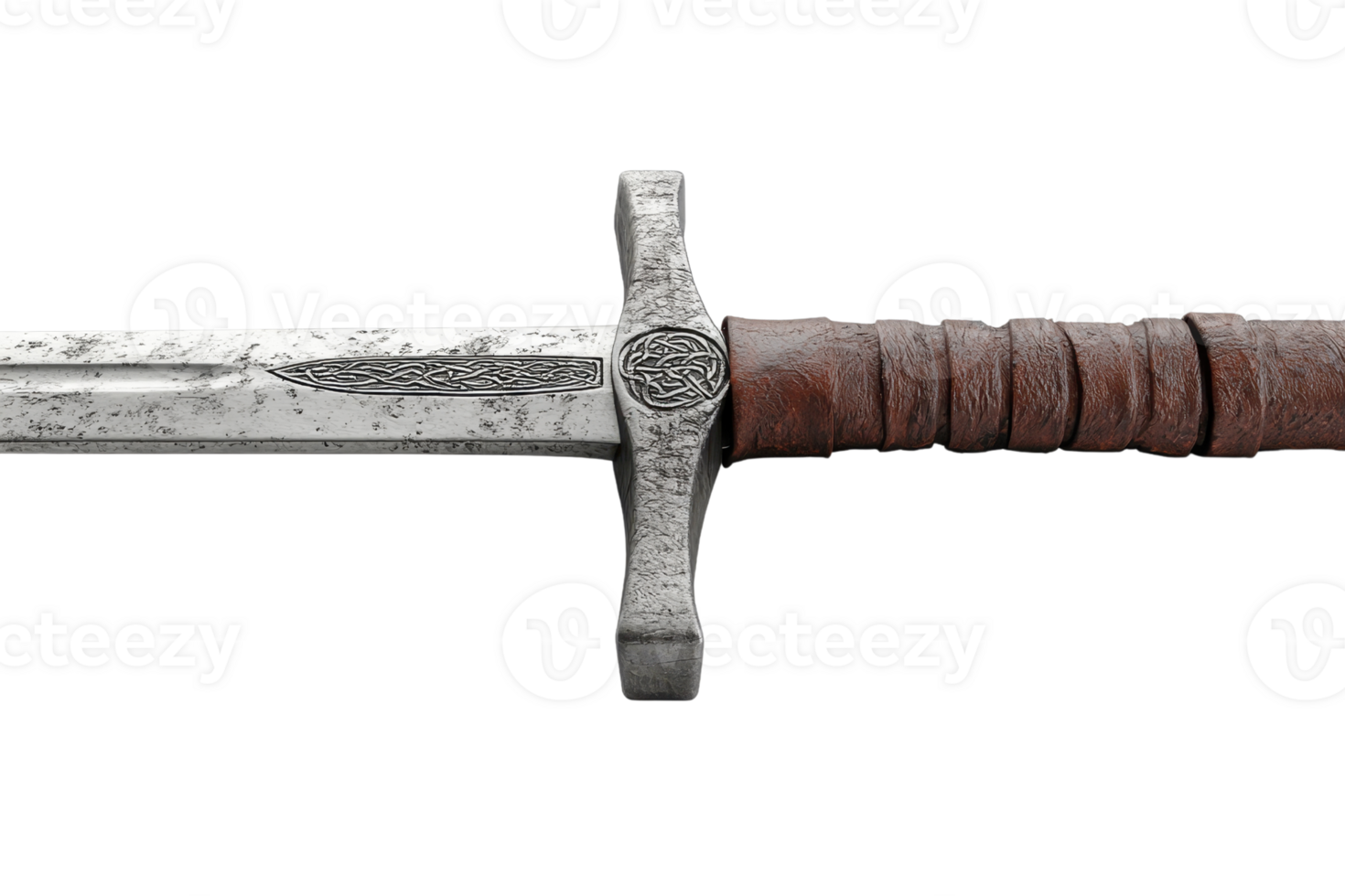 A detailed sword featuring an intricate hilt and a weathered blade, showcasing craftsmanship and historical design elements. png