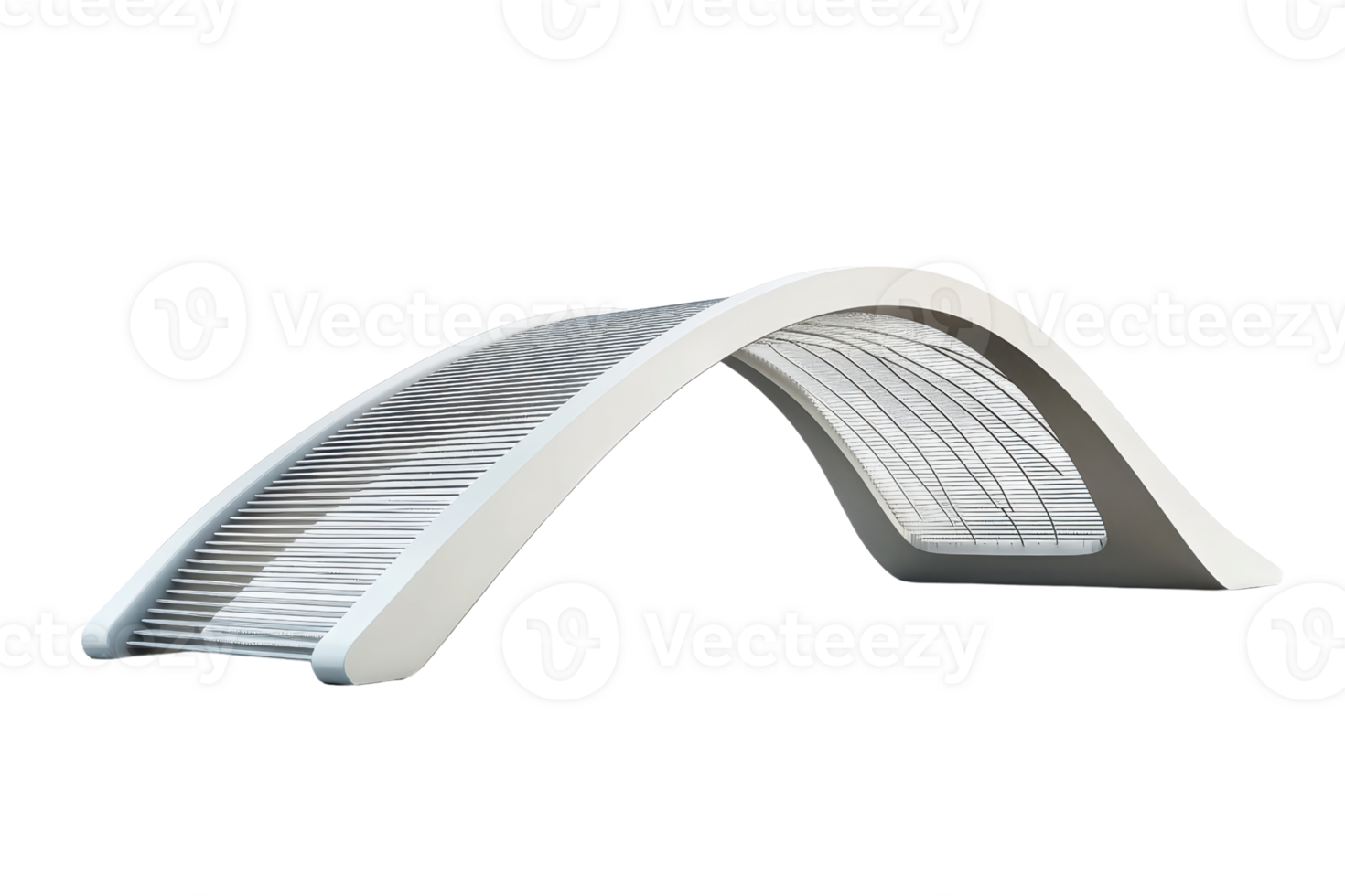 A sleek, modern bridge design featuring arched structures and slatted elements, showcasing innovative architectural aesthetics. png