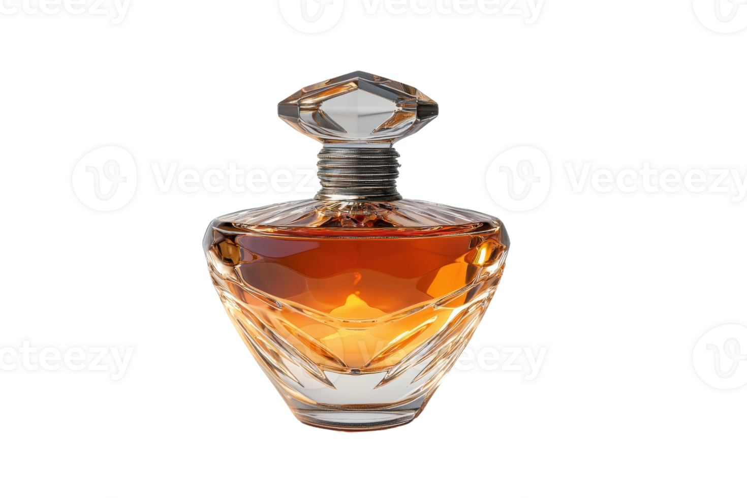 A crystal perfume bottle filled with amber liquid, featuring an elegant diamond-shaped cap and a unique, faceted design. png