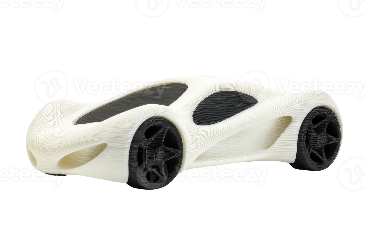 A sleek, modern toy car with a white body and black wheels, showcasing a streamlined design and sporty aesthetics. png