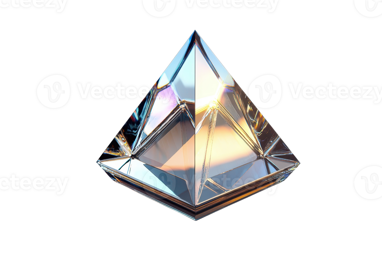 A stunning crystal pyramid reflecting light with intricate facets and sharp angles. png
