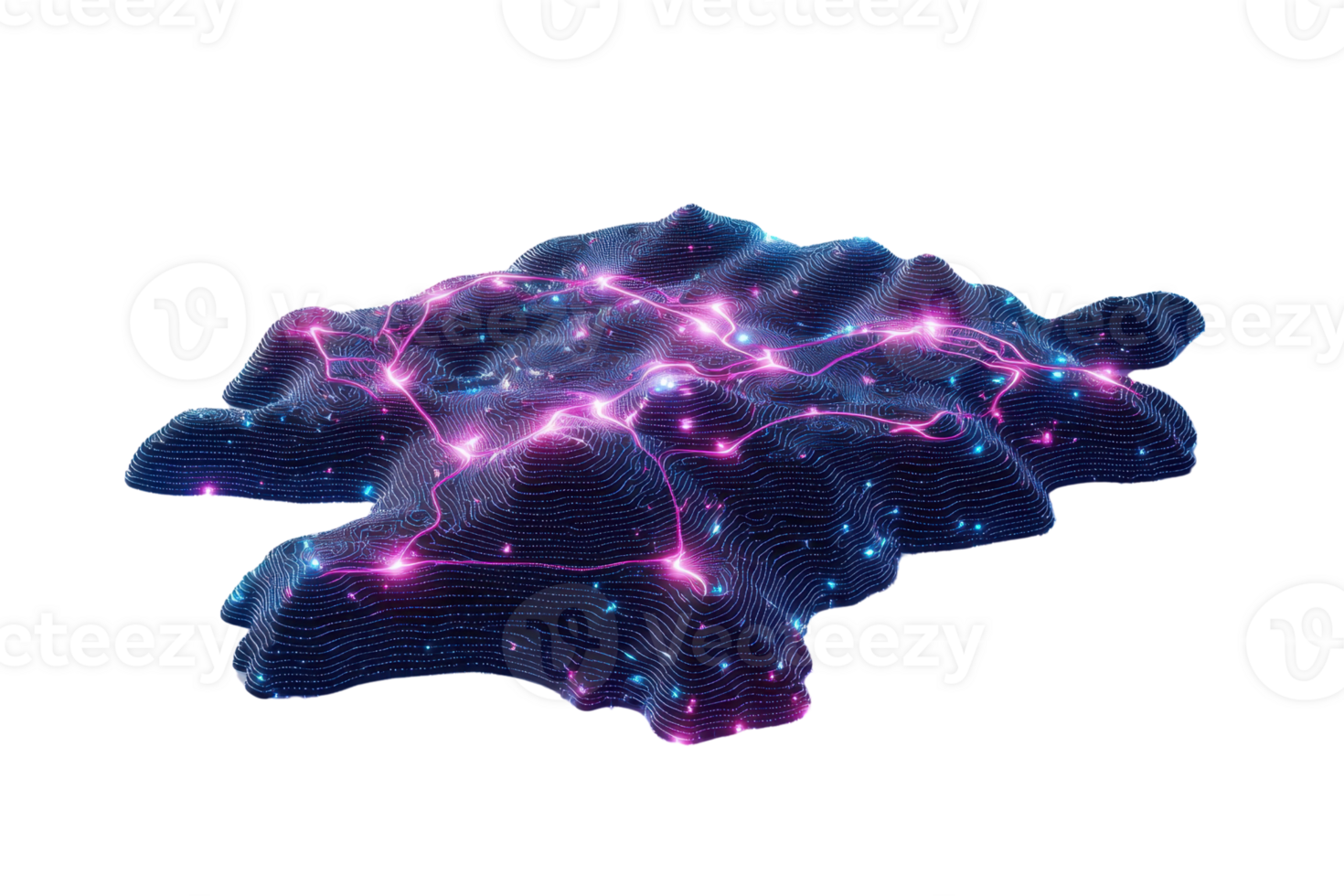 A visually striking, luminous abstract structure with a network of glowing connections, resembling a futuristic terrain or landscape. png