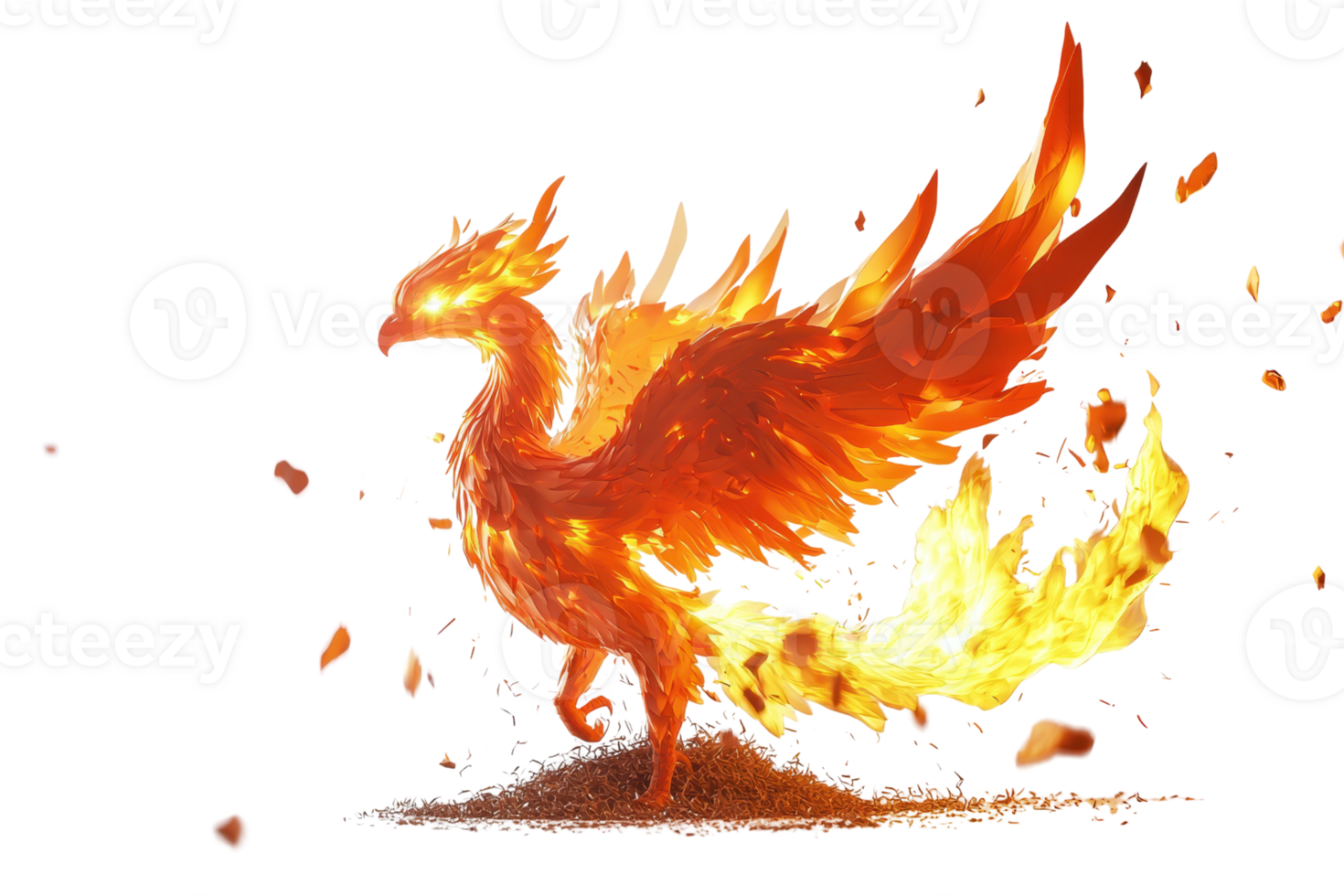 A fiery phoenix with vibrant flames, beautifully depicted in mid-flight, showcasing its majestic wings and dynamic movement. png