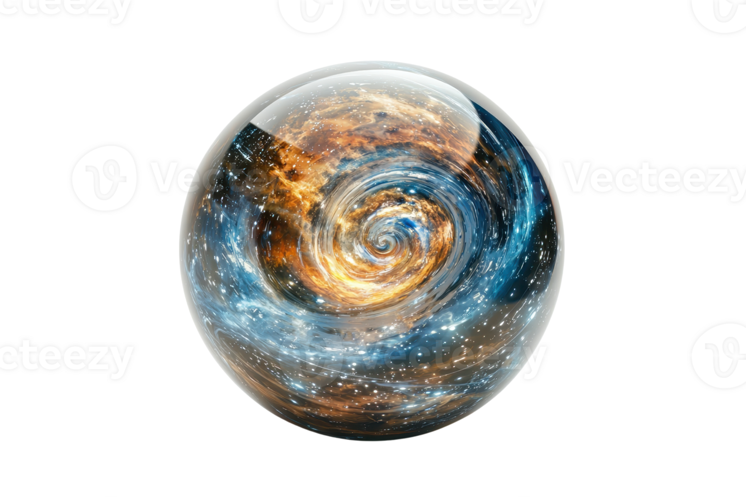 A swirling cosmic sphere featuring vibrant galaxies and stars within a glass-like orb. png