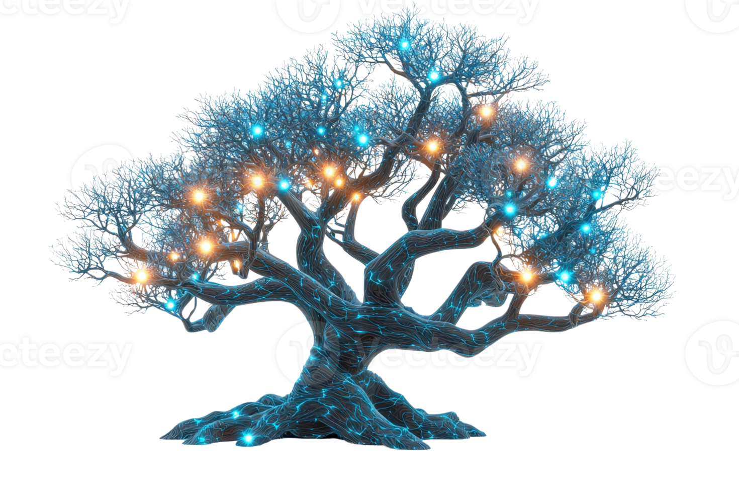 A glowing tree with intricate branches adorned with luminous blue and white lights. png