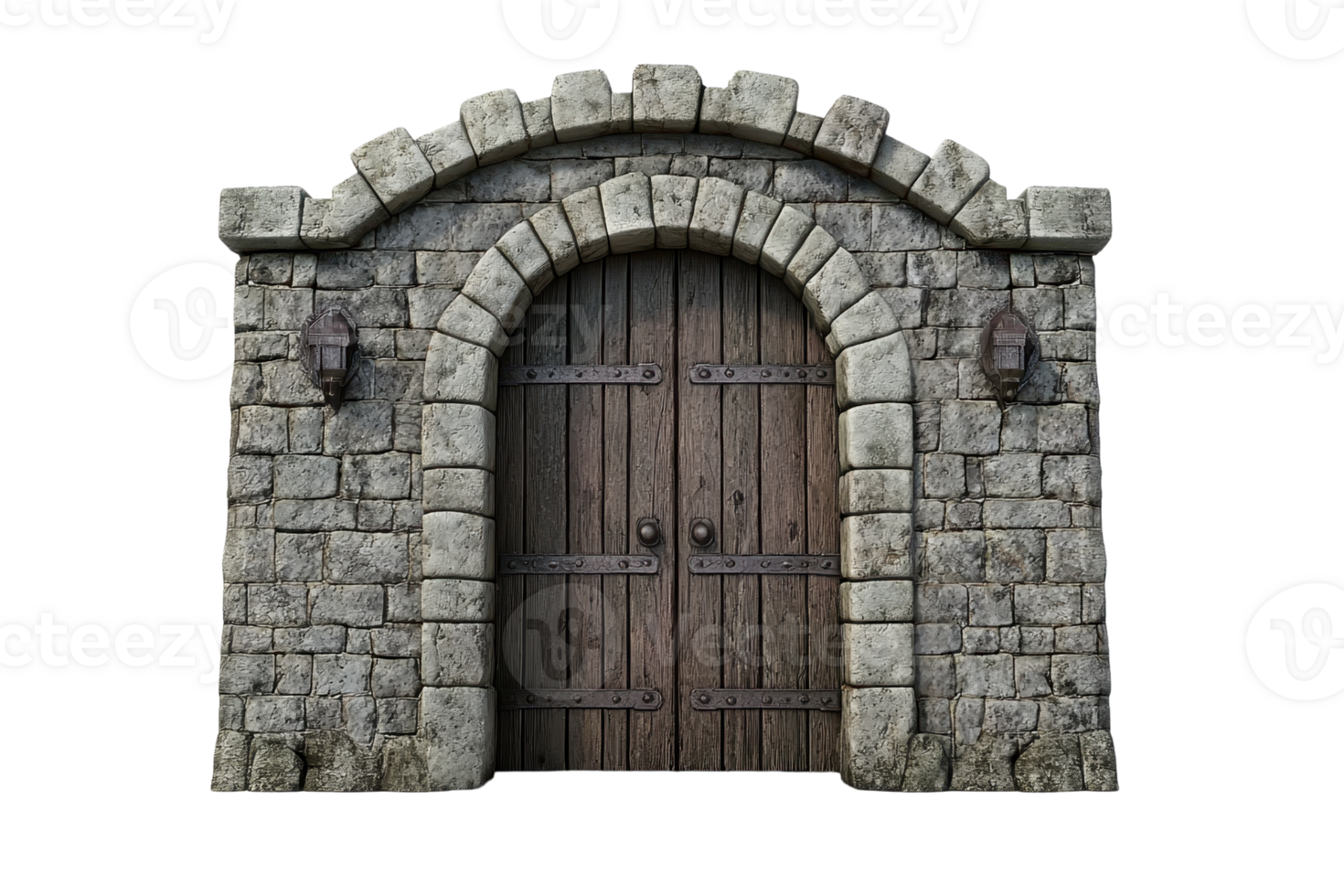 A weathered stone archway surrounds a wooden door featuring rustic hardware and lanterns on either side. png