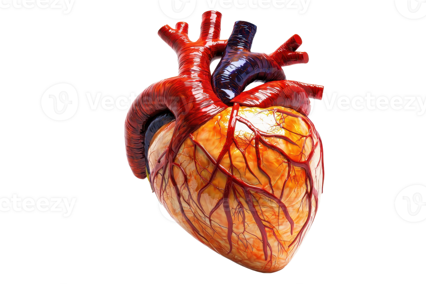 A detailed anatomical model of a human heart showcasing its structure, including arteries and veins. png