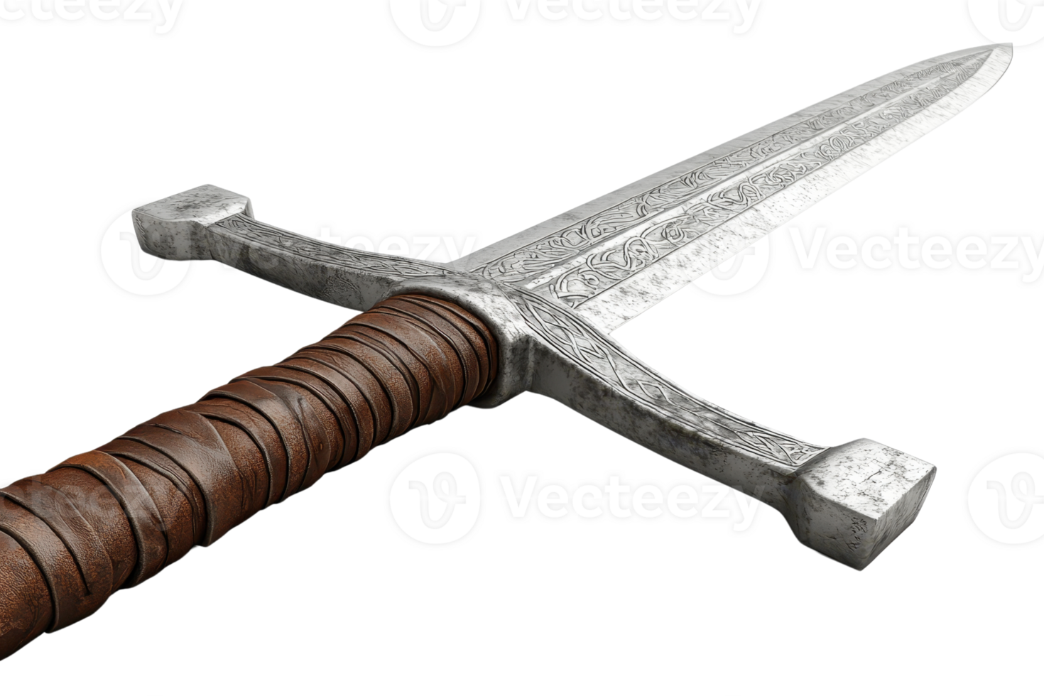 A detailed sword with a textured blade and a wrapped handle, showcasing craftsmanship and design. png