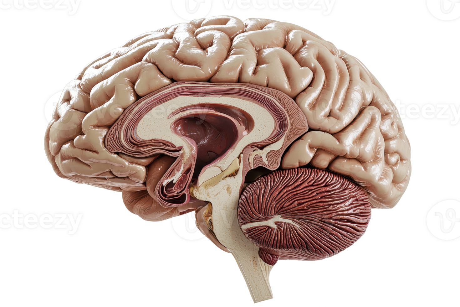 A detailed anatomical representation of a human brain showing its complex structure and internal features. png