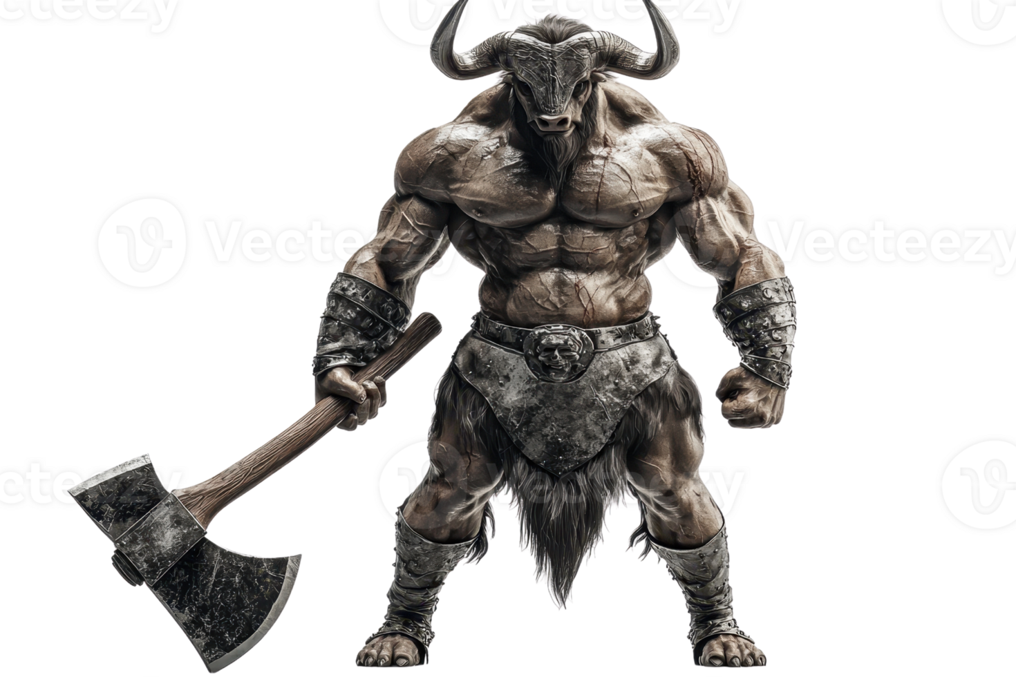 A muscular creature with a bull's head wields a massive axe, showcasing strength and fierce presence. png