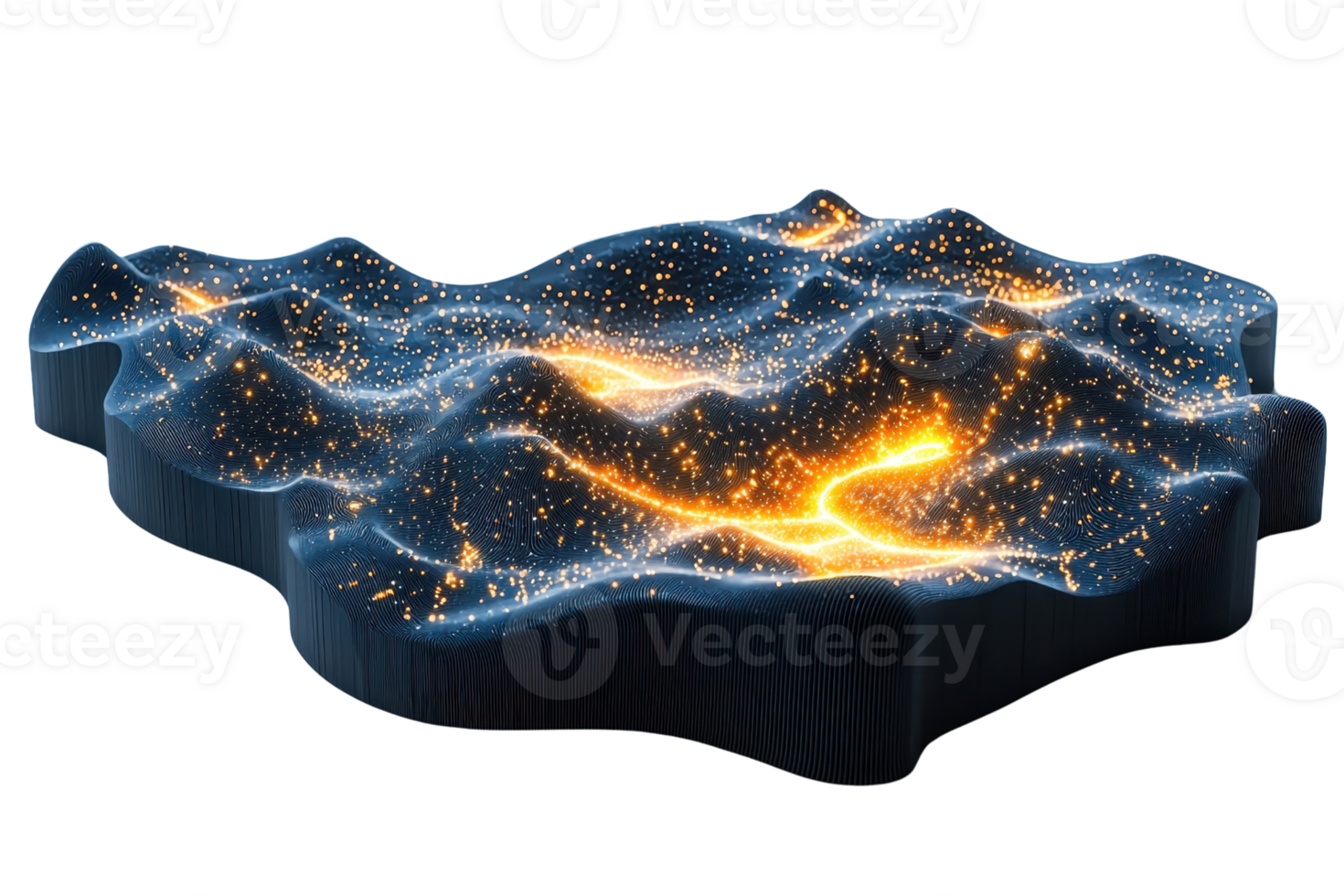 A dynamic, glowing landscape of interconnected paths and nodes, representing a digital or abstract terrain with vibrant light effects. png