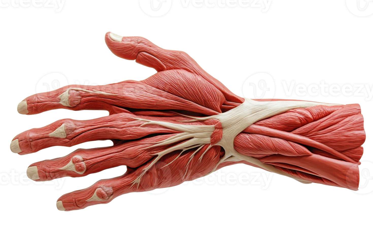 A detailed anatomical model of a human hand showcasing muscles and tendons, highlighting the intricate structure and functionality. png