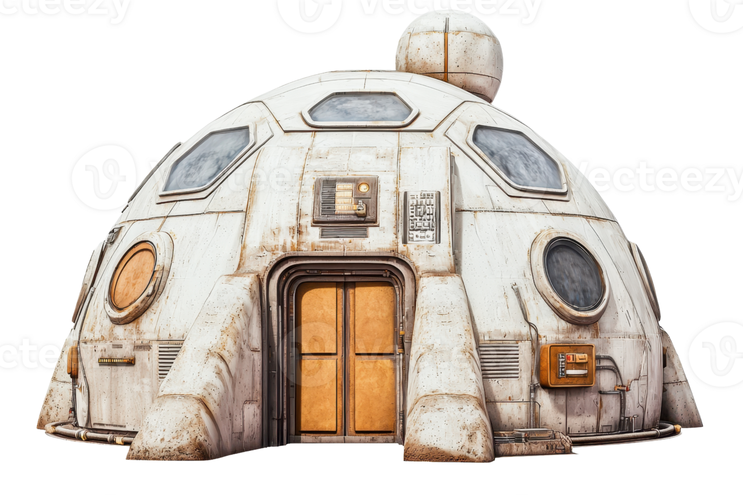 A futuristic, dome-shaped structure featuring a door, circular windows, and a small dome on top, showcasing a weathered appearance. png