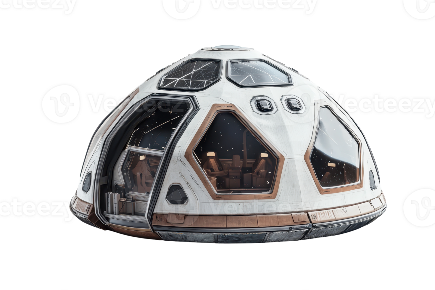 A futuristic spacecraft with a domed shape and hexagonal windows, designed for space exploration. png