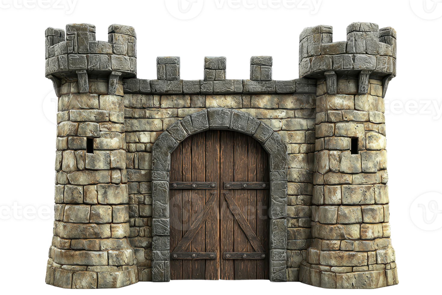A detailed stone castle wall with a wooden door and battlements, showcasing a medieval architectural style. png