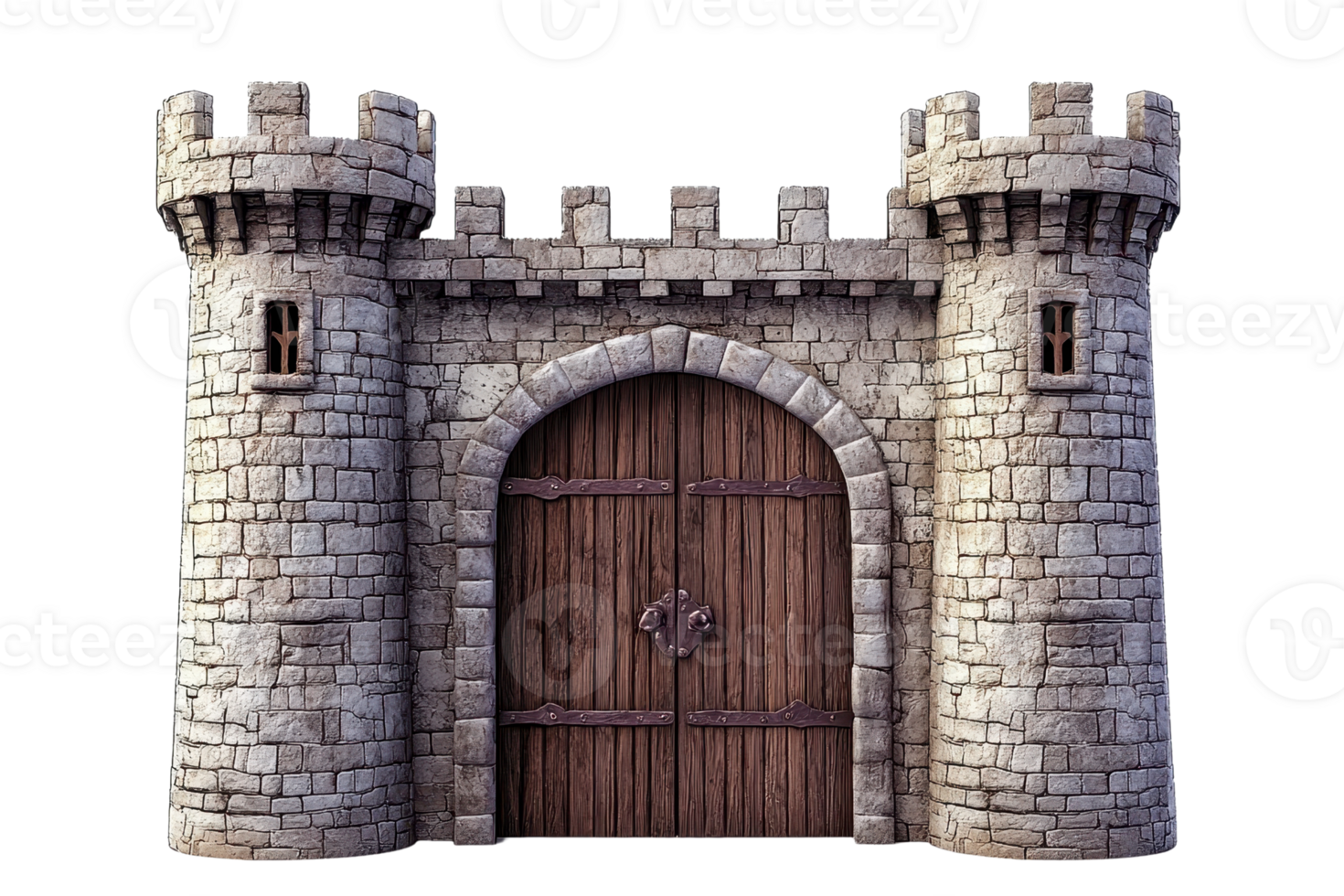 A medieval stone castle gate with twin towers and a large wooden door, featuring battlements and small windows. png