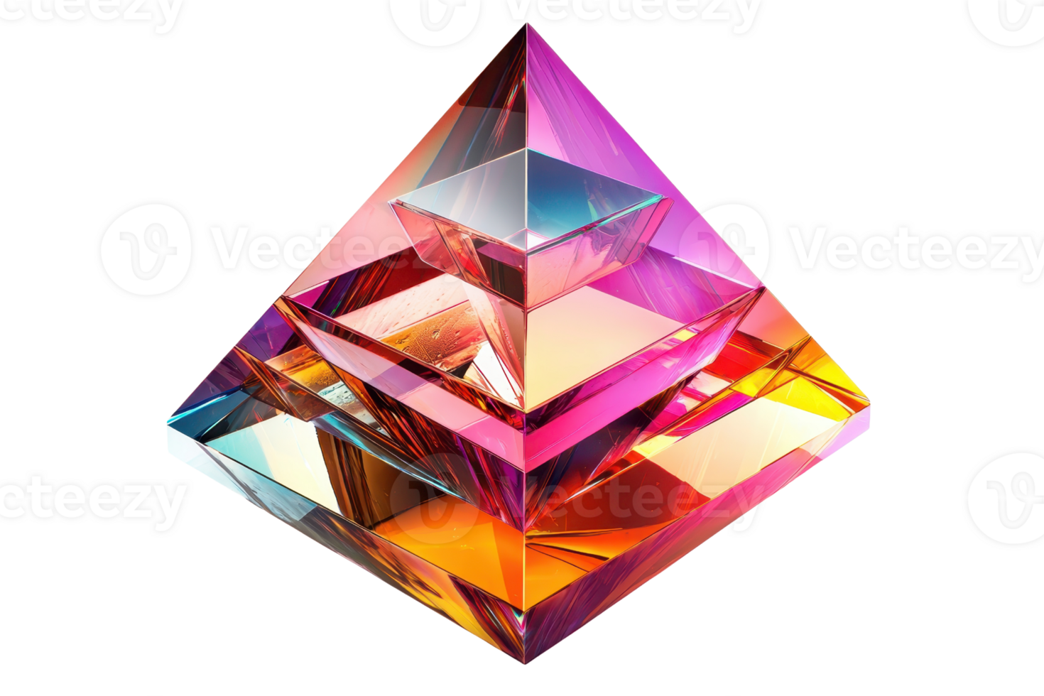 A colorful, multi-layered crystal pyramid with intricate facets reflecting light, showcasing vibrant hues and geometric shapes. png