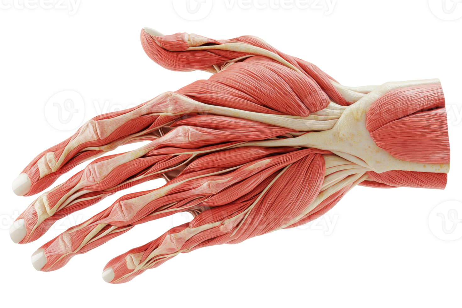 A detailed anatomical model of a human hand, showcasing the muscles and structure with vivid colors. png