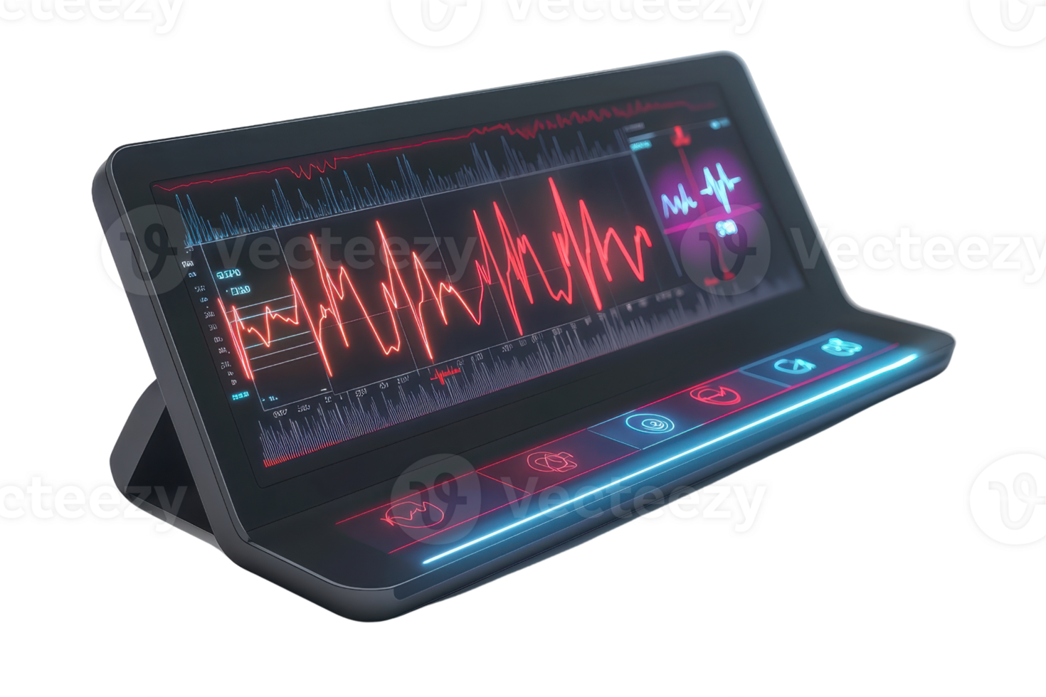 A sleek, modern monitor displaying a vibrant heartbeat waveform with interactive icons for health monitoring. png