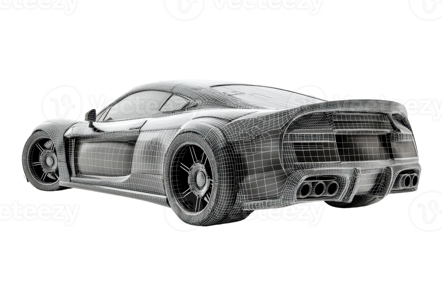 A digital wireframe representation of a sports car showcasing its sleek design and aerodynamic features. png