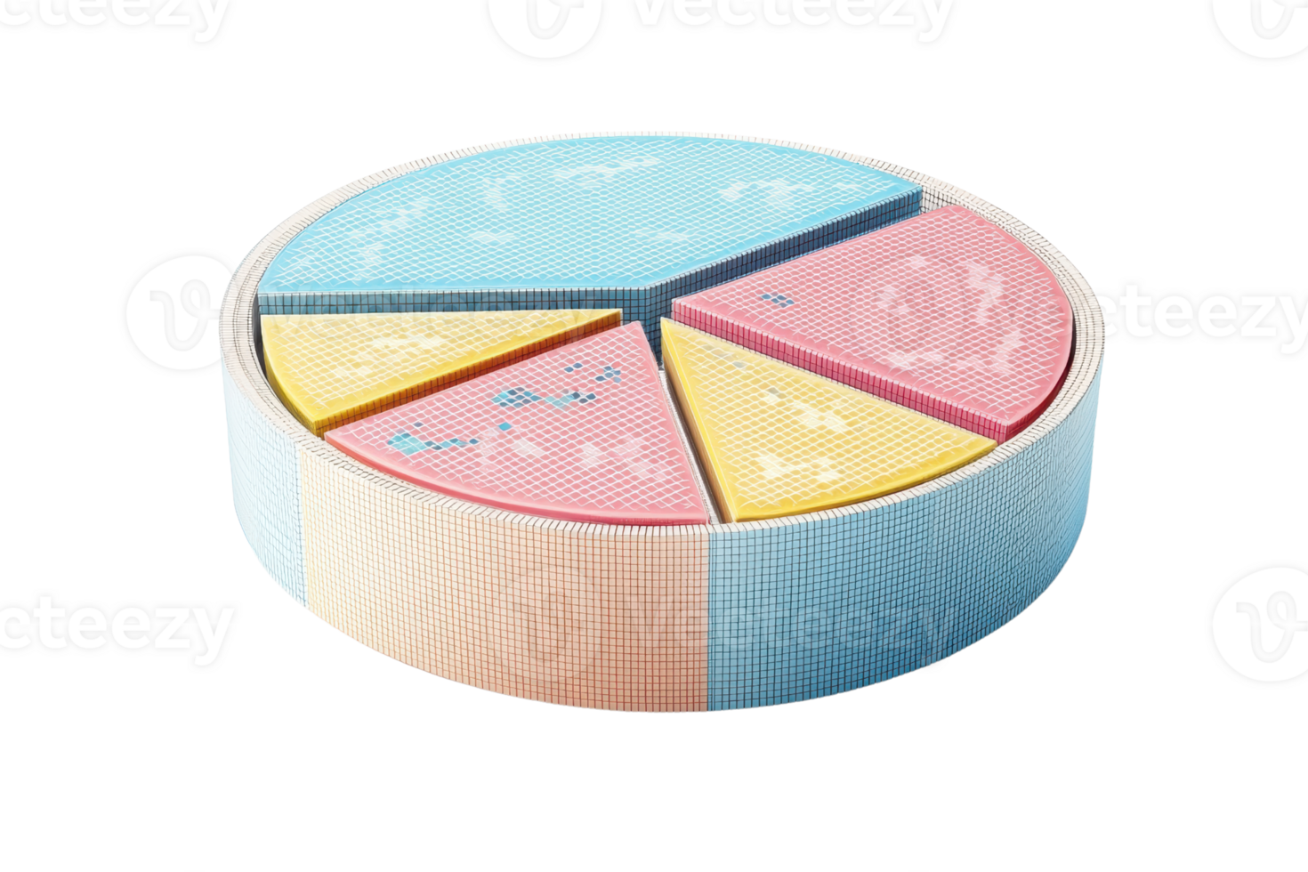 A colorful segmented cake with blue, pink, and yellow portions arranged in a circular shape. png