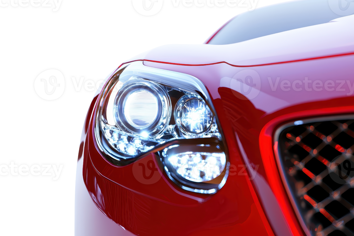 A close-up of a sleek red car's headlight, showcasing its modern design and glossy finish against a transparent background. png