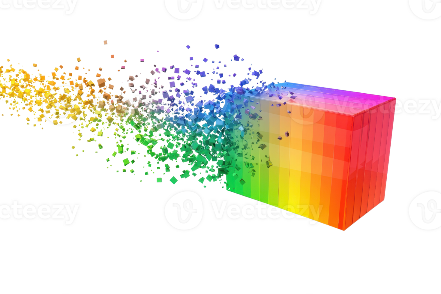 A vibrant, colorful cube disperses into a spectrum of particles, showcasing a dynamic flow of colors. png