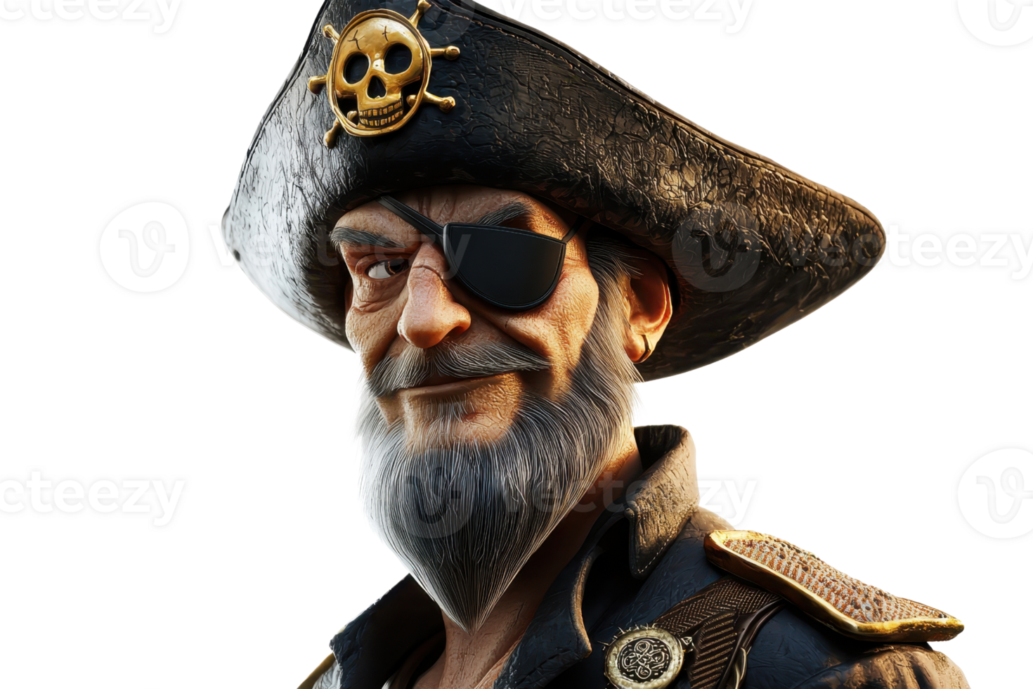 A detailed pirate character with an eyepatch, a skull-adorned hat, and a rugged beard, exuding a bold and adventurous aura. png