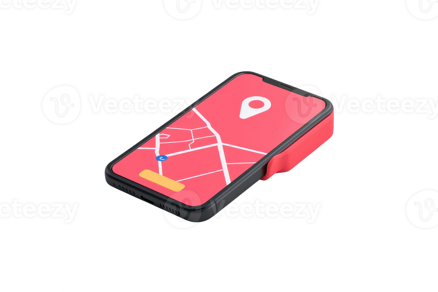 A smartphone displaying a navigation app with a bright red background and a prominent location marker on the screen. png