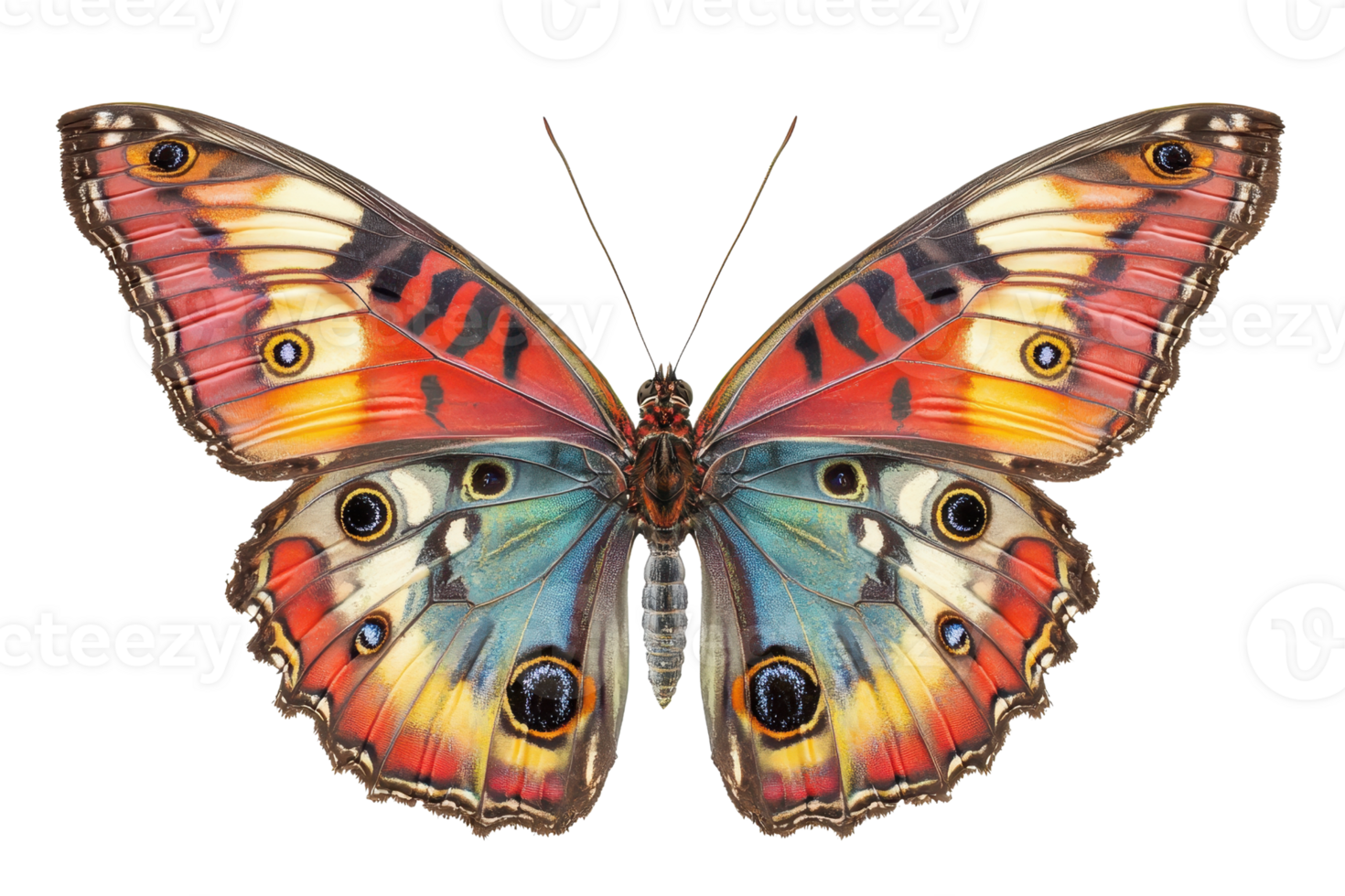 A vividly colored butterfly with intricate patterns and large eyespots on its wings, showcasing vibrant hues of red, blue, and orange. png