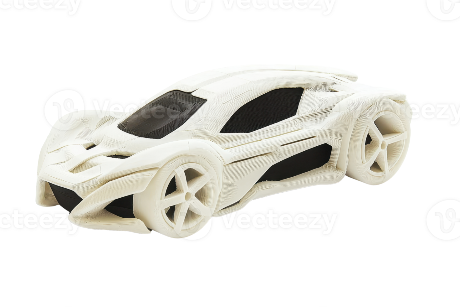 A detailed model of a sleek, futuristic sports car, showcasing its aerodynamic design and distinct wheel structure. png