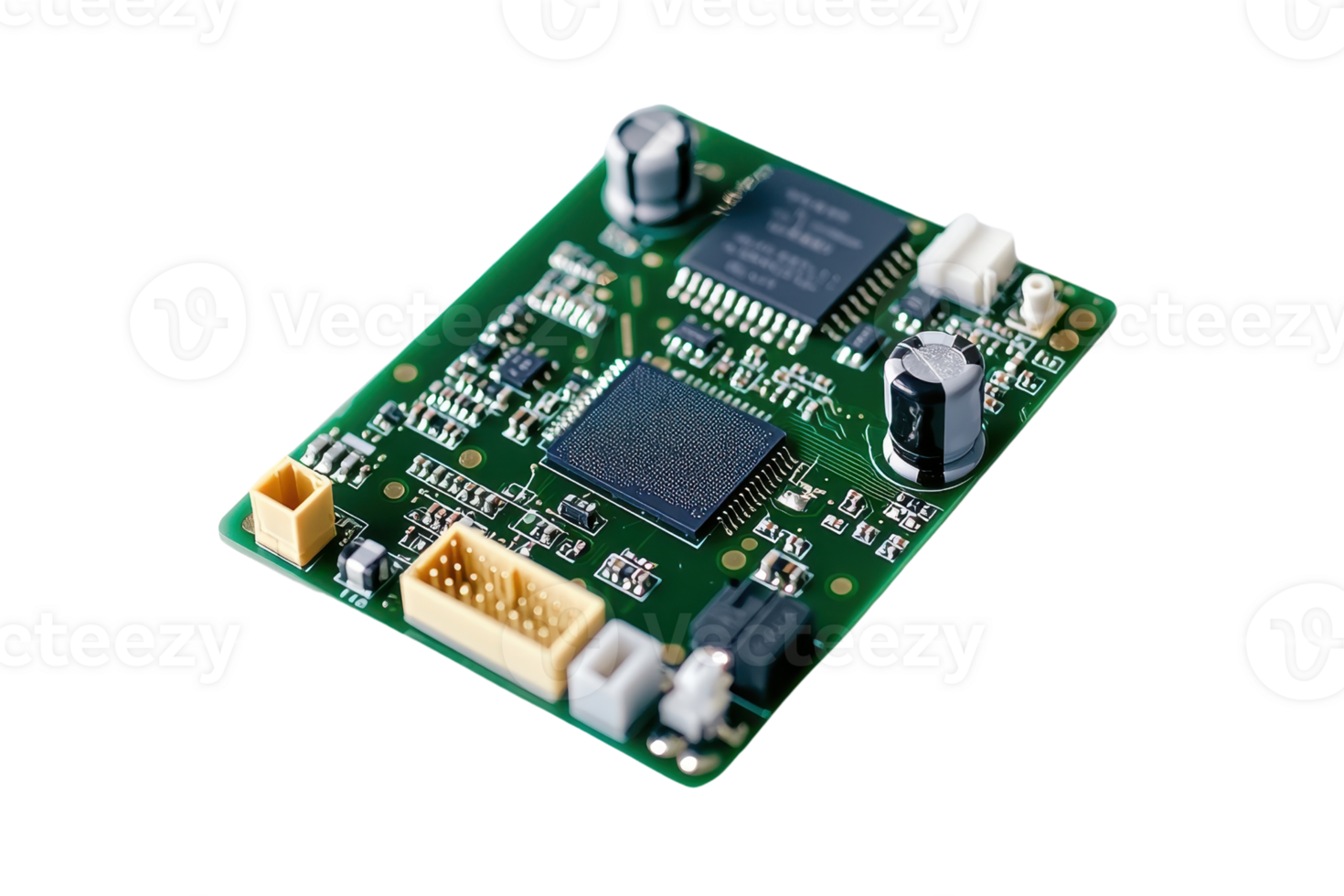 A detailed printed circuit board featuring various electronic components and connectors designed for complex circuitry. png
