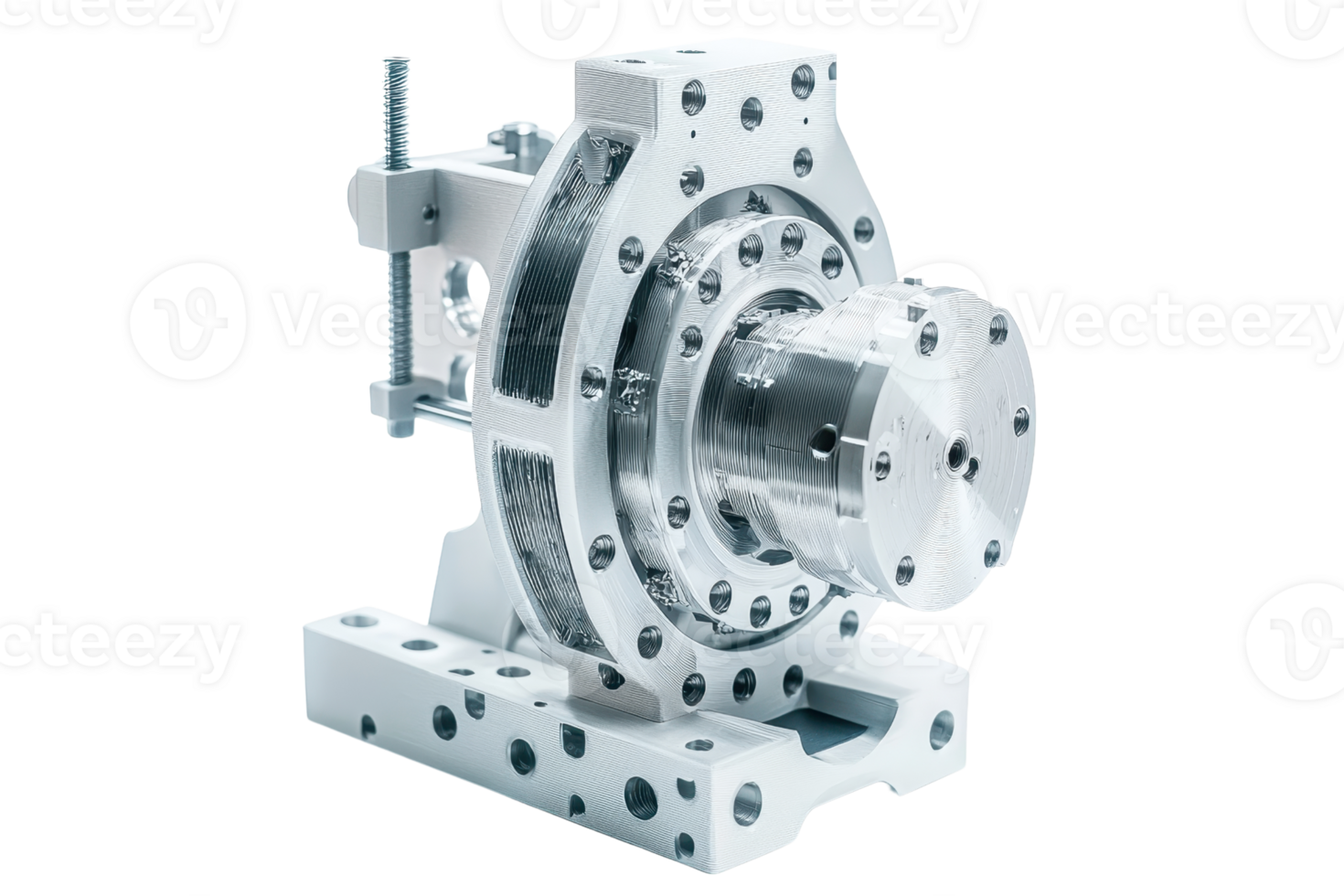 un' dettagliato meccanico componente con un' complesso design con multiplo fori e un' lucidato metallico finire. png